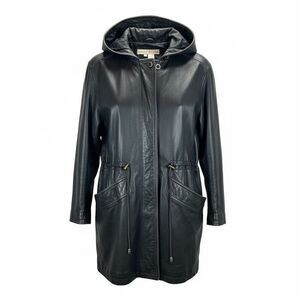 Preswick & Moore Vintage Black Hooded Leather Parka Jacket Cinch Waist Large